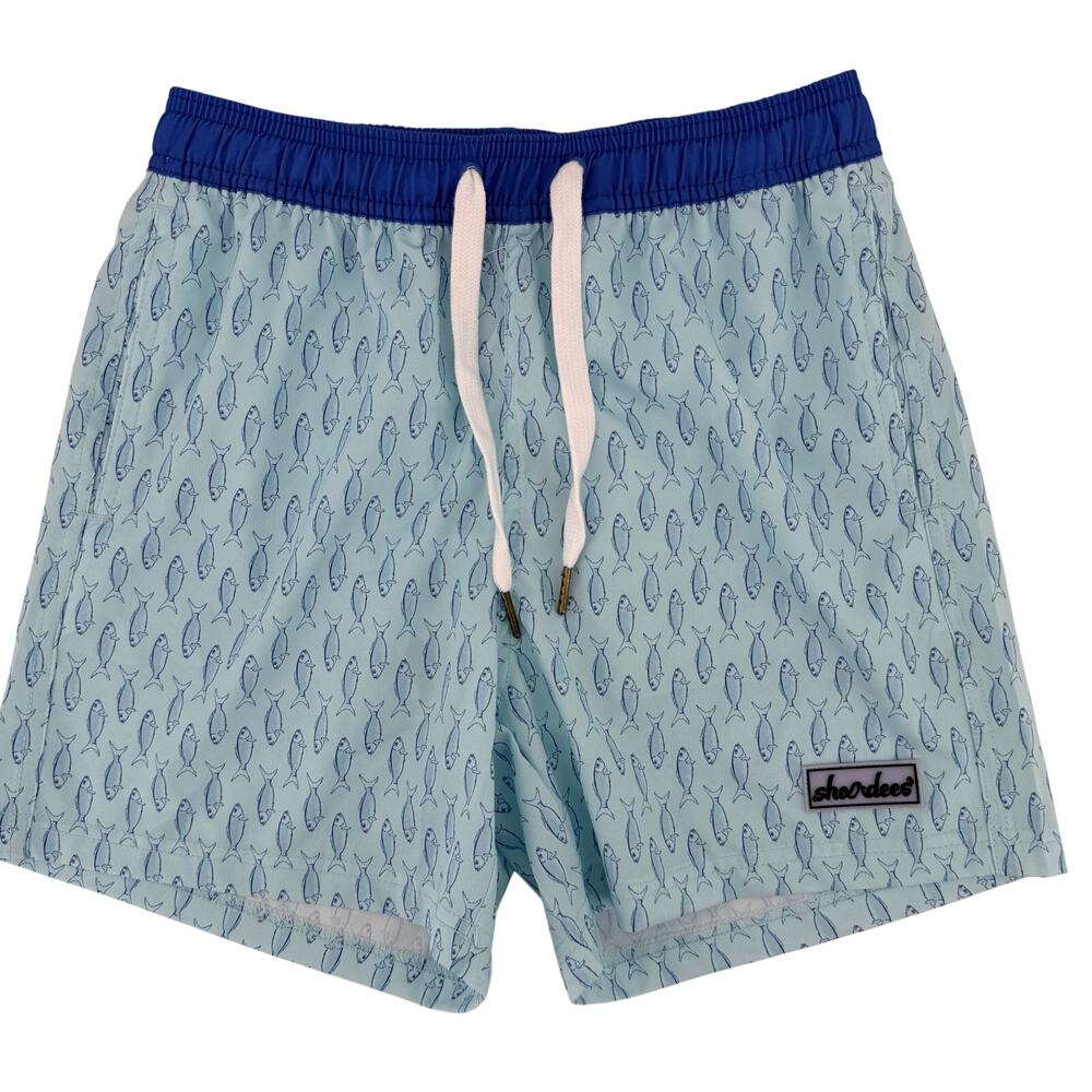 Properly Tied Shordees Fish Print Swim Trunks Boys Big Boys Size L 5" Blue